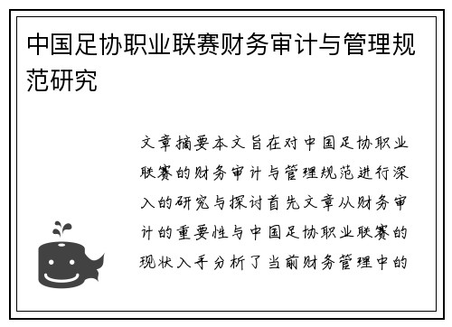 中国足协职业联赛财务审计与管理规范研究 中国足协职业联赛财务审计与管理规范研究